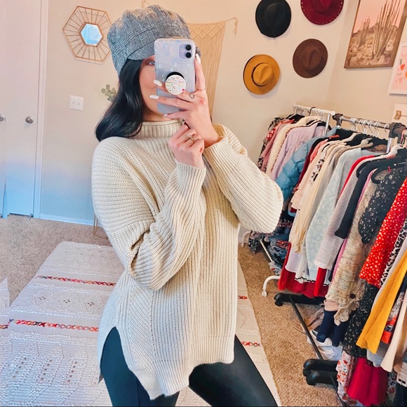 RD Style Sweaters - Cloth. by RD Beige Mock Neck Ribbed Sweater